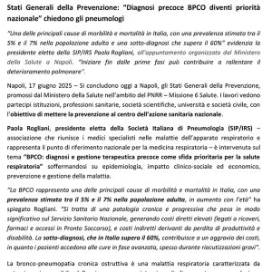STATI GENERALI DELLA PREVENZIONE: “DIAGNOSI PRECOCE BPCO DIVENTI PRIORITÀ NAZIONALE” – PROF.SSA PAOLA ROGLIANI